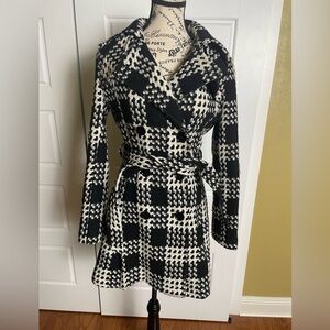 Express Black and White Houndstooth Belted Winter Pea Coat Y2K
